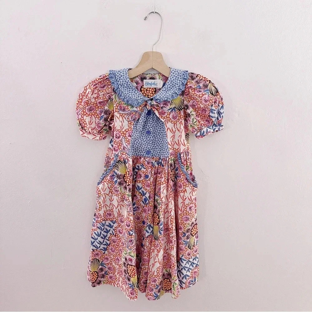 Vintage Mousefeathers Star Print Floral Ruffle Bow Kids Dress Short Sleeve - Picture 6 of 6